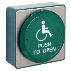 Push To Exit' Large Green Disc Exit Button - H88 X W88 X D40 (inc Green BB)